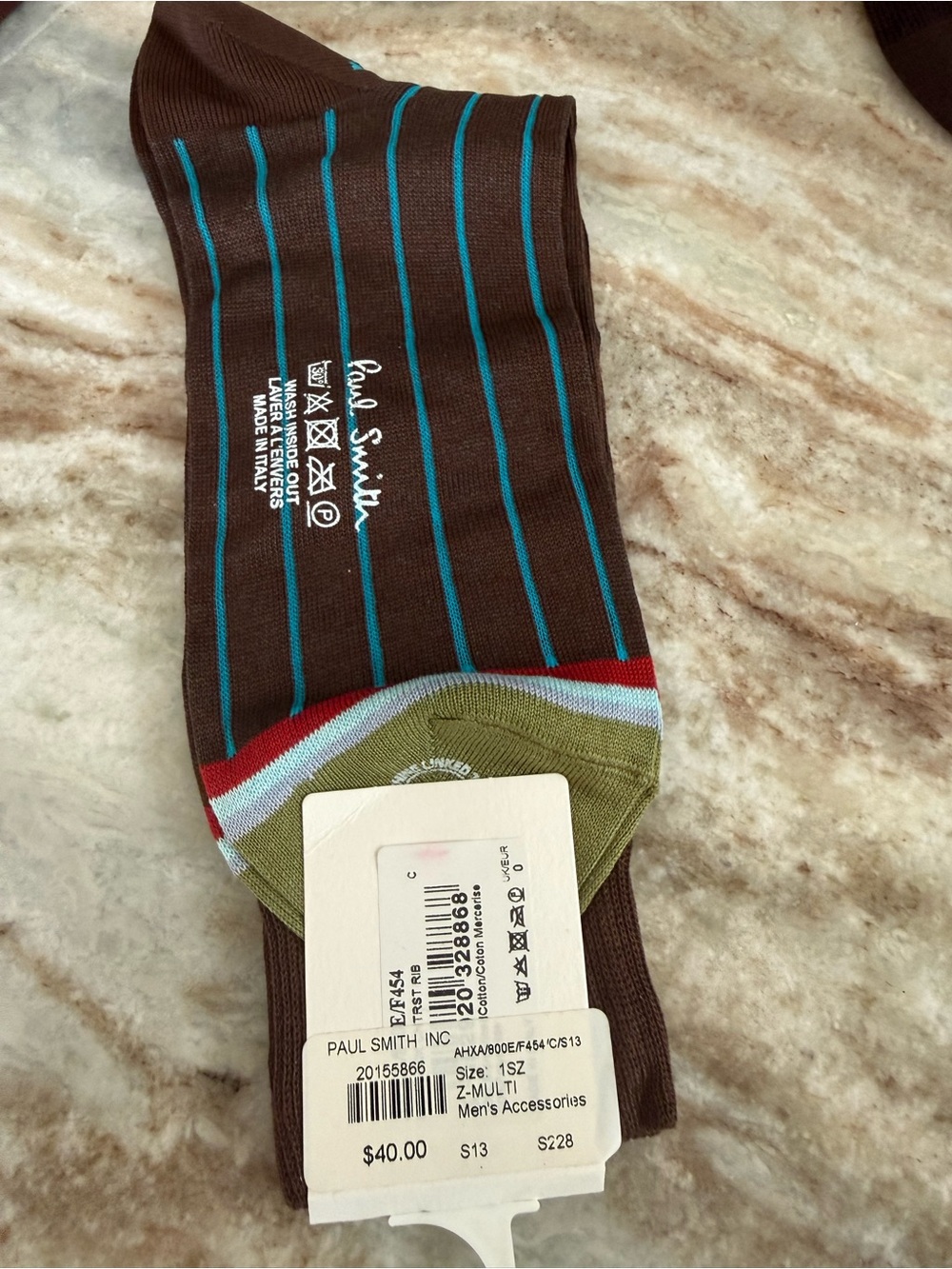 Paul Smith Brown Socks with Turquoise Stripes and Olive Heel